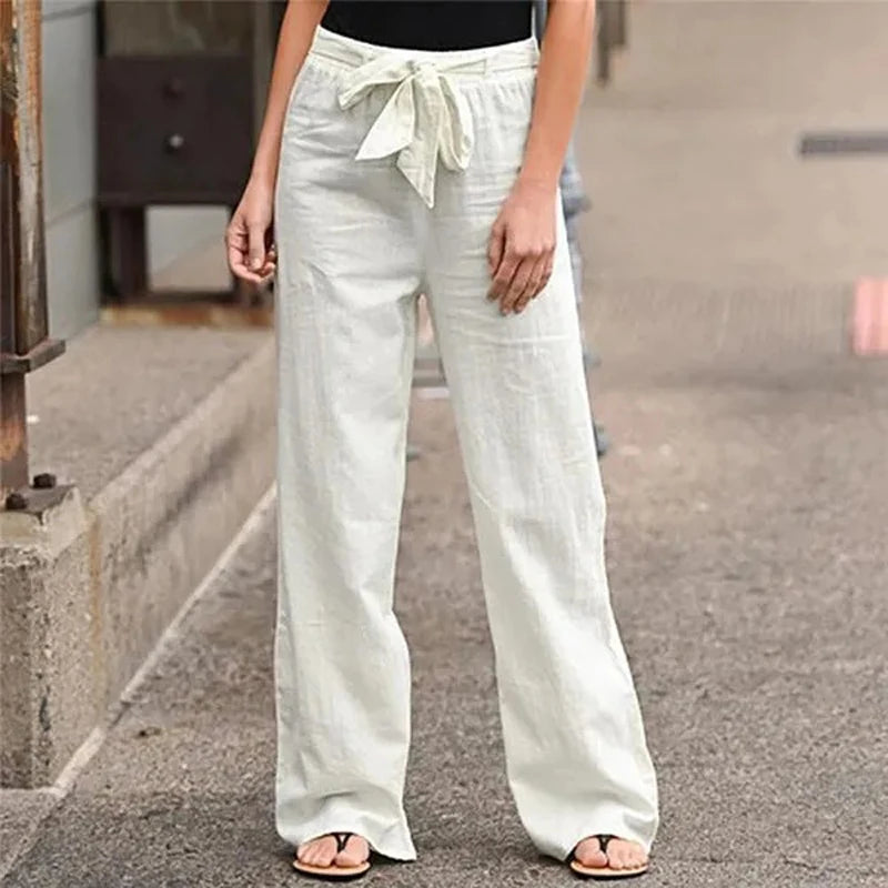 Elastic Waist Straight Linen Pants