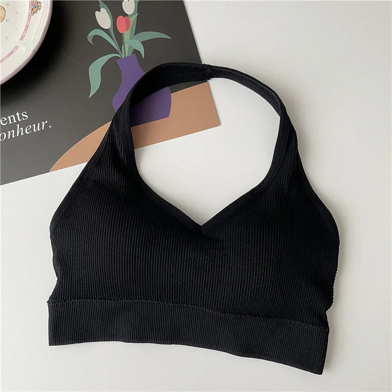 Solid Halter Backless Sport Bra