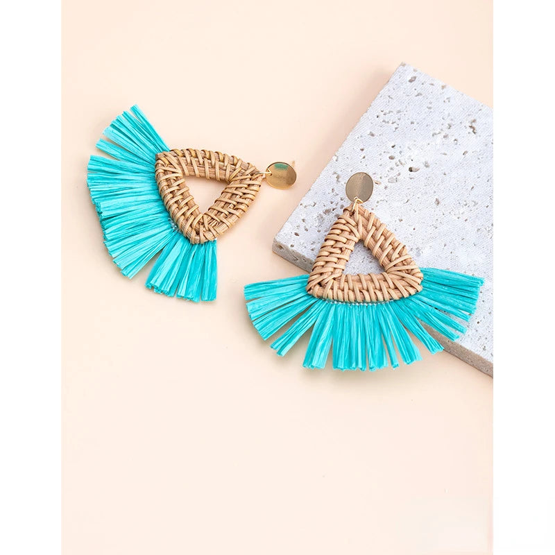 Rattan Raffia Tassel Pendant Earrings