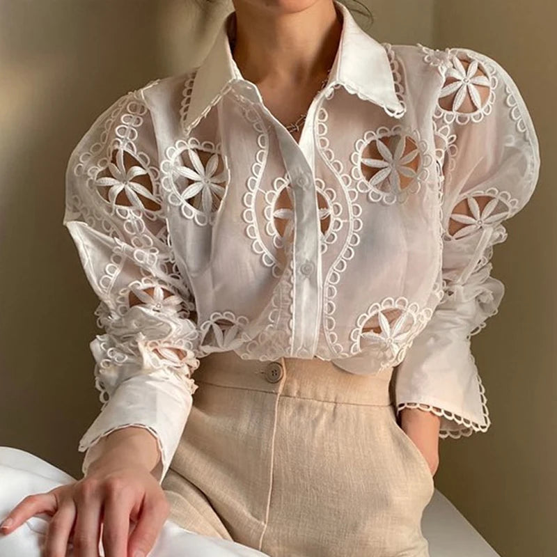 Sexy Hollow Floral Embroidery Blouse