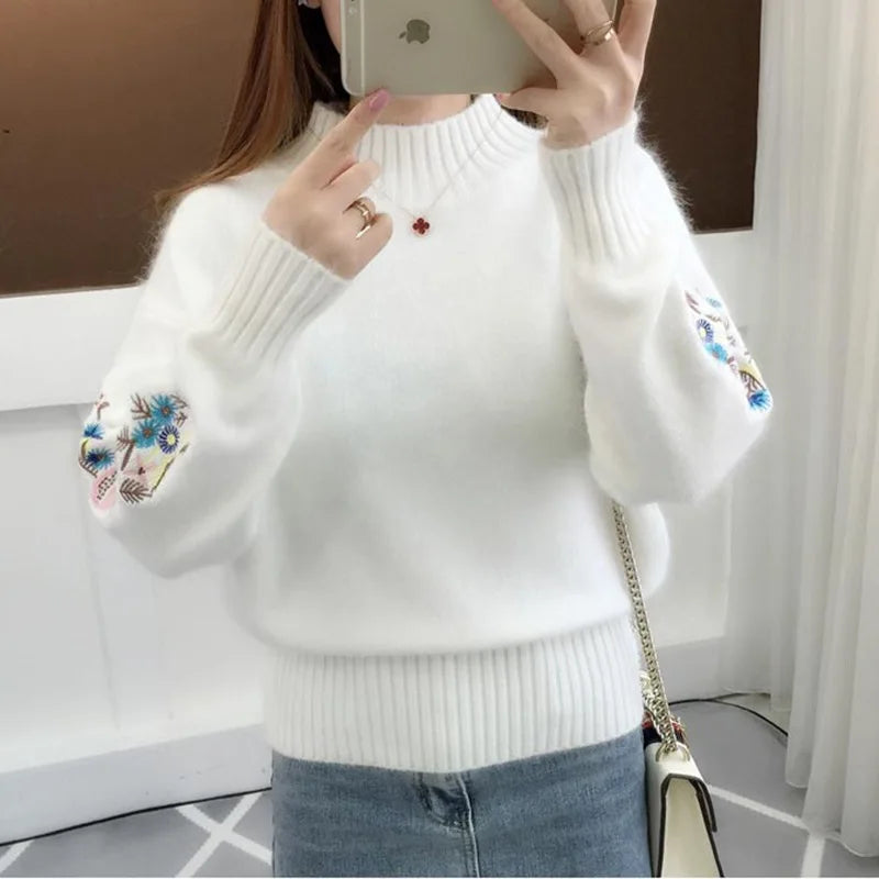 Stand Collar Solid Color Embroidery Sweater