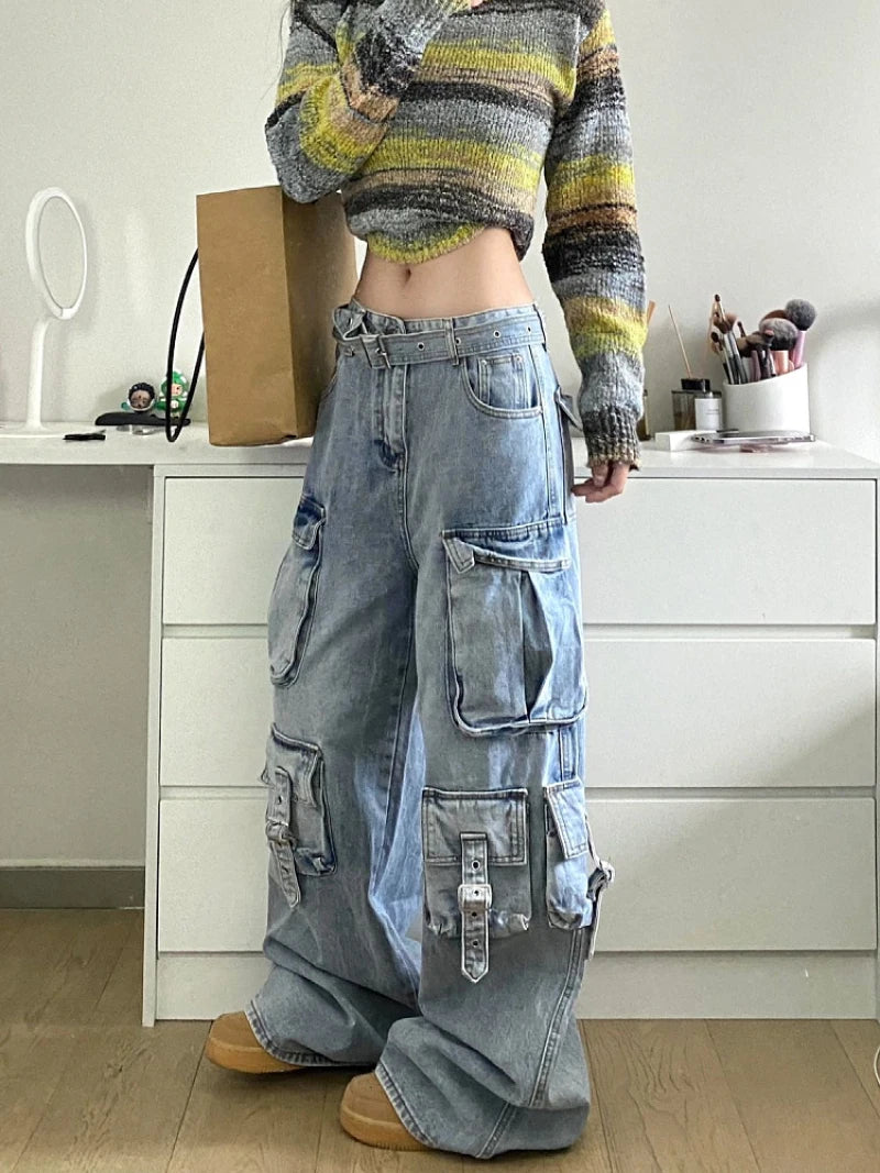 Autumn Winter Women's Blue Baggy Cargo Jeans