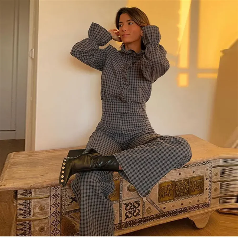 Plaid Bubble Sleeve Jumpsuit