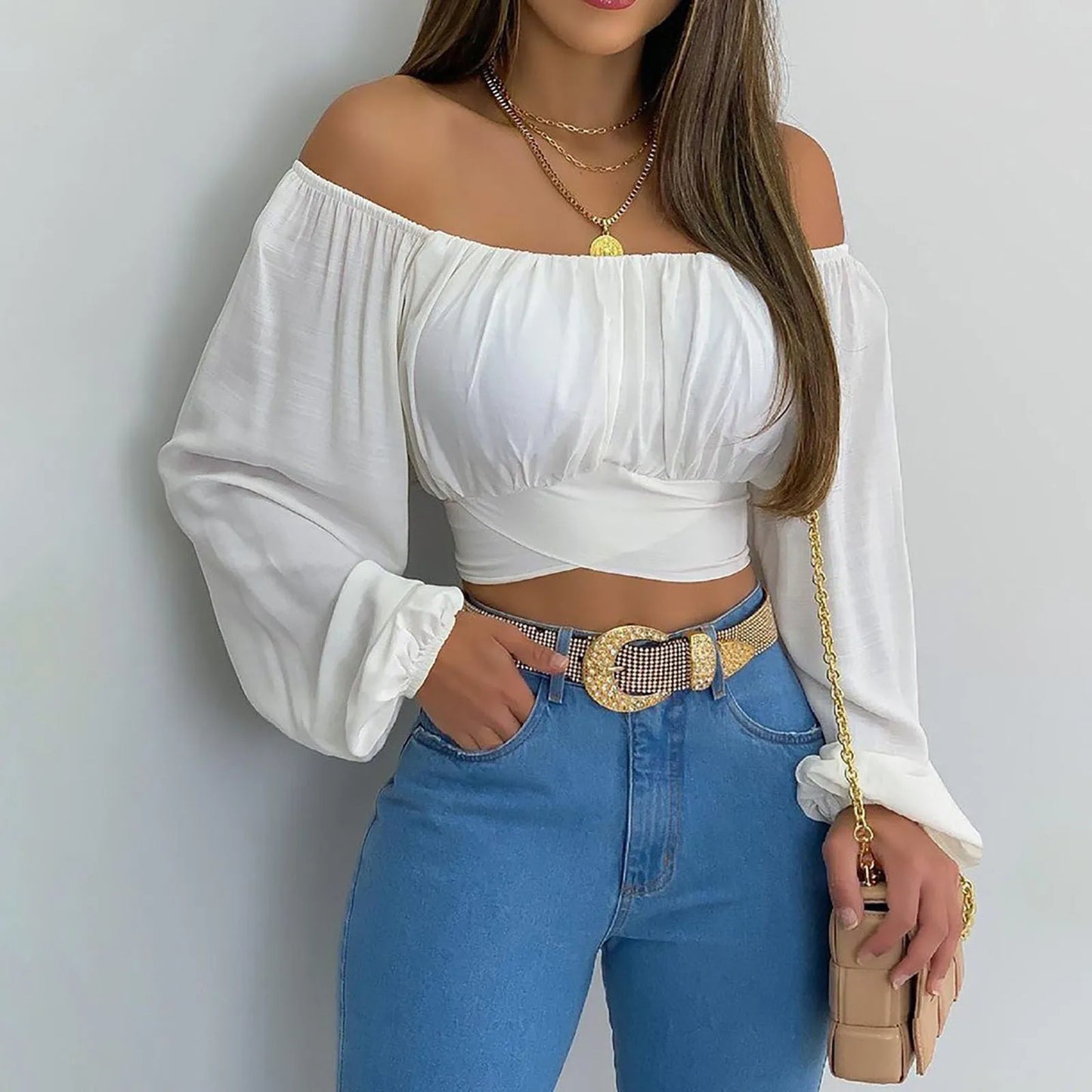 Elegant Long Sleeve Crop Blouse