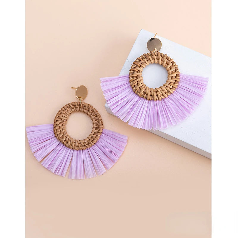 Rattan Raffia Tassel Pendant Earrings