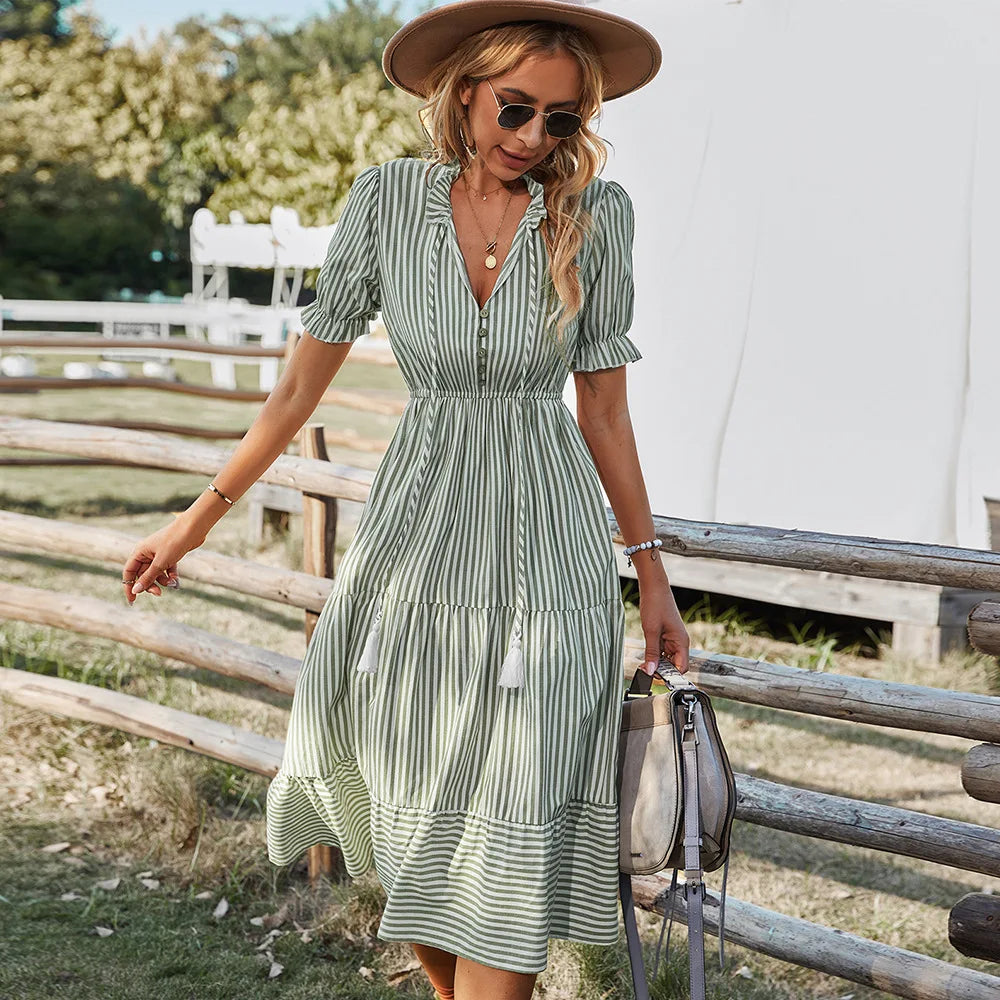 Pleated Stripe Maxi Dress