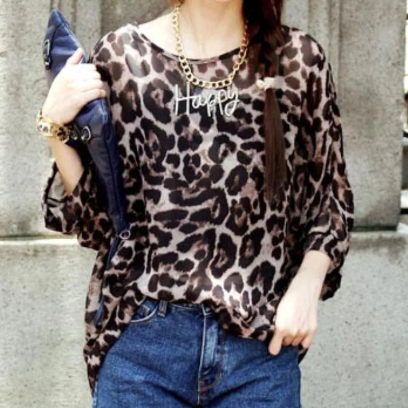 Irregular Leopard Print Chiffon Blouse